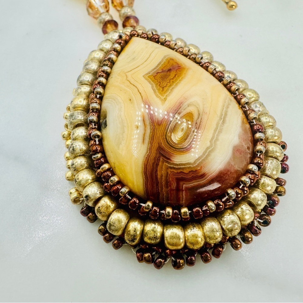 Vintage Stone Pendant Necklace Embroidery Bead Edge Leather Back 25” Long 70s - Picture 10 of 10